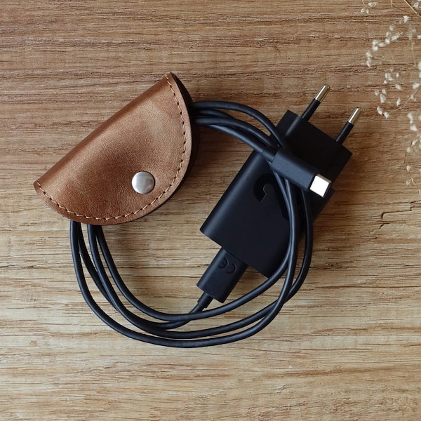 Elegant charger clip for women, leather cable holder in minimal style, shiny phone charger holder