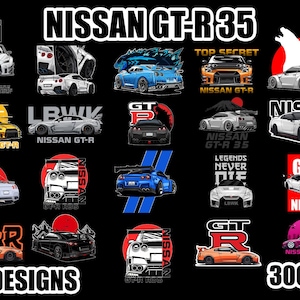 Puede incluir: Una colección de 20 diseños con coches Nissan GT-R 35 en varios colores y estilos. La imagen incluye texto como "NISSAN GT-R 35", "20 DESIGNS" y "300DPI".