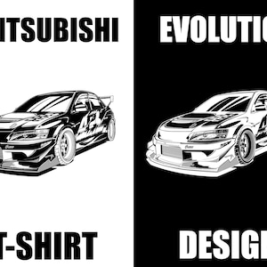 May include: Black and white graphic design featuring a Mitsubishi Evolution car. The image is split, with one side showing the car in black and the other in white. Text at the top reads "MITSUBISHI" and "EVOLUTION", with "T-SHIRT" and "DESIGN" at the bottom.