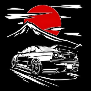 May include: Black and white illustration of a sports car with a large spoiler, set against a backdrop of a red sun and a mountain range. The car is depicted in motion, with white lines suggesting speed.