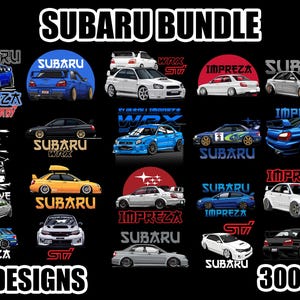 Puede incluir: Gráfico negro con 20 diseños de coches Subaru, incluyendo modelos Impreza y WRX. El texto "SUBARU BUNDLE" y "20 DESIGNS" se muestran en la parte superior e inferior, respectivamente. La imagen también incluye el texto "300DPI".
