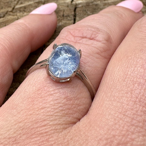 Polished Dumortierite Cabochon Quartz Ring | Rare Blue Quartz | Quartz Inclusions | Unique Crystal Ring | Adjustable Band | Raw Crystals |