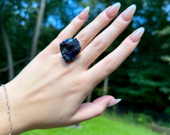 Natural Azurite with Malachite Specimen Ring | Geode | Crystal Mineral Specimen | Azurite Malachite Raw | Druzy | Cluster | Sparkly Crystals