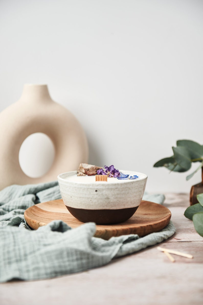 Velvet Peony & Oud Soy Wax Candle, Handmade Ceramic Bowl with Candle, Vegan Candle, Candle for Him image 1