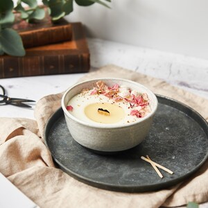 Peony & Blush Suede Soy Wax Candle, Handmade Ceramic Bowl with Candle, Vegan Candle, Hand poured Candle