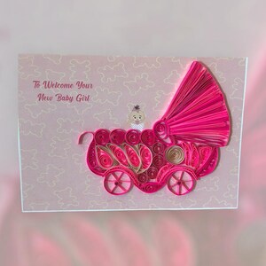 Tarjeta hecha a mano con filigrana para recién nacida, tema rosa, carruaje con filigrana, baby shower, 5 x 7, sobre, nuevo bebé