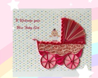 Handmade quilled new baby girl card, pink theme, quilled carriage, baby shower, 6x6, envelope, new baby