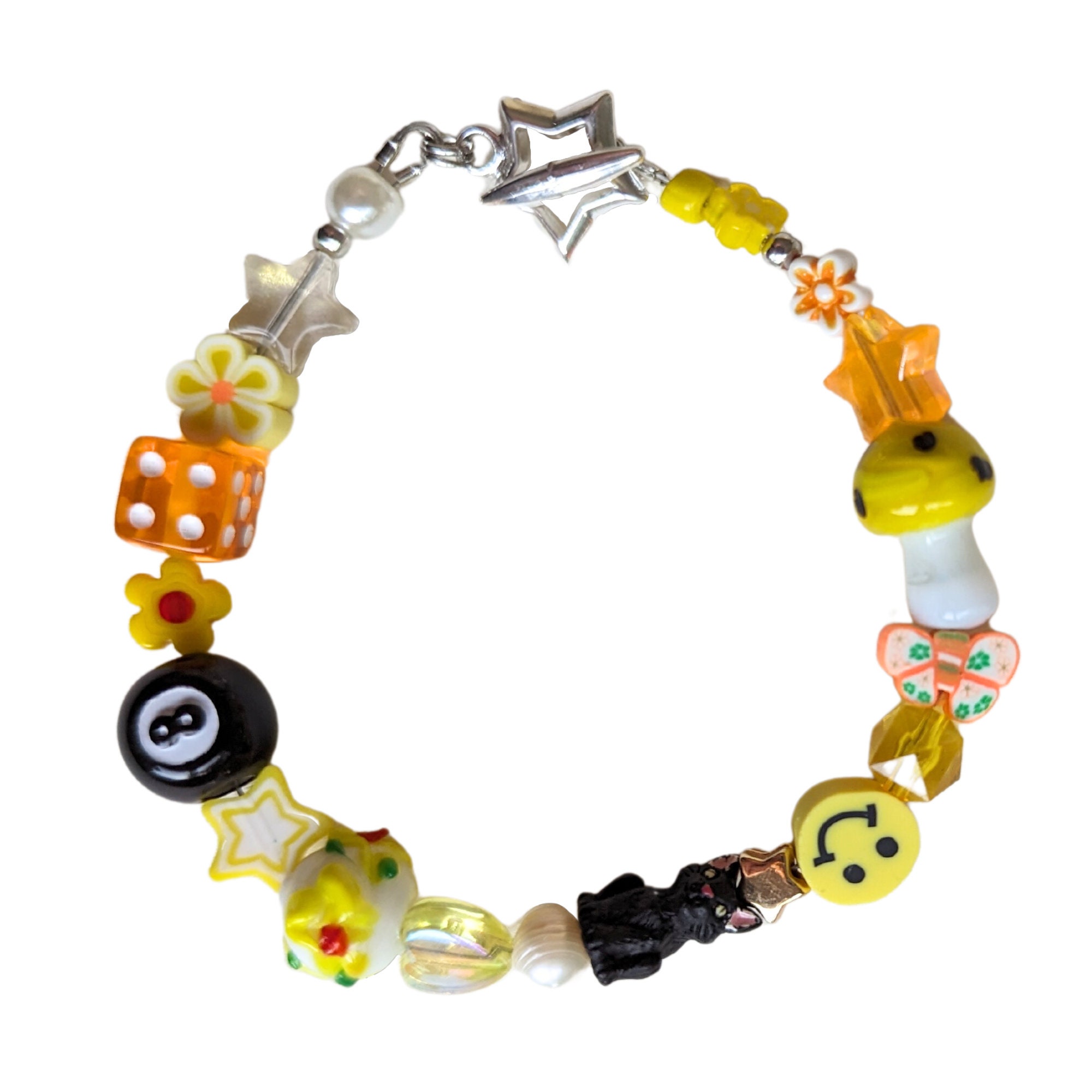 Yellow Beaded Y2K Bracelet: Dice, Pearl, Ceramic Cat, Custom Name