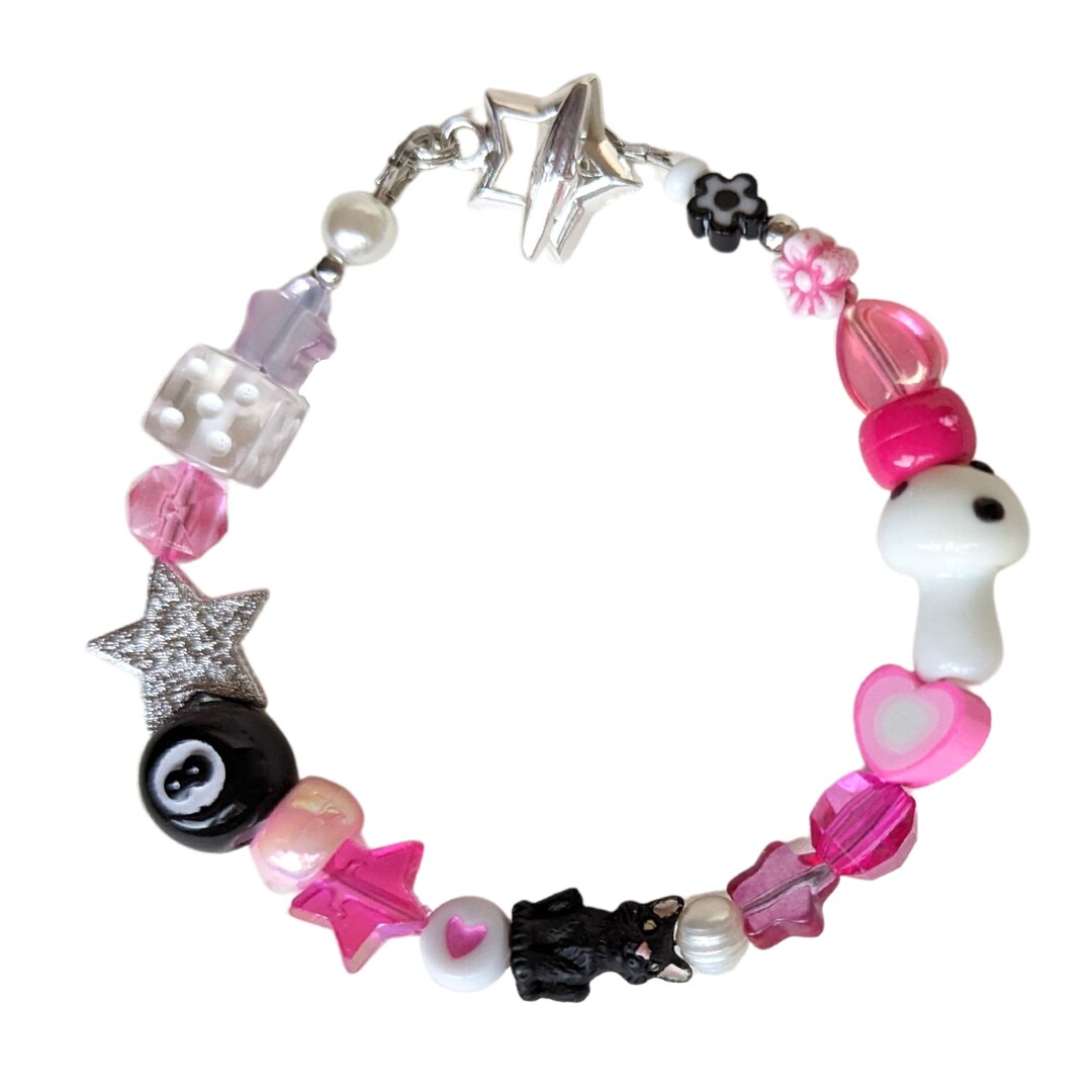 Pink Beaded Y2K Bracelet: Dice, Cat, Pearl, Mushroom, Star - Etsy