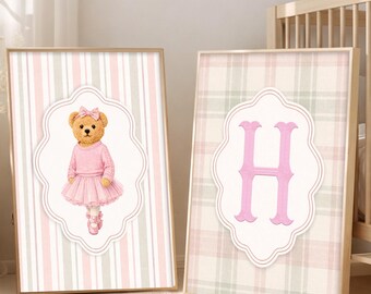 Pink Ballet Bear Personalized Wall Art Print Set of 2 Prints, Girl Room Ballerina Cottagecore Prints, DIGITAL Download Vintage Dance