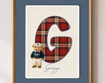 Custom Monogram Nursery Print, Vintage Rolo Bear, Preppy Teddy Bear in Sweater Wall Art Print for Nursery, Classic Style Boy Room Decor,