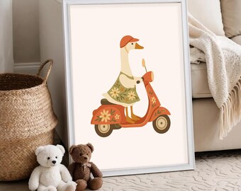 May include: A framed illustration features a goose riding a red scooter. The goose wears a floral dress and a red cap. The scooter has flower details. The background is a neutral cream color.