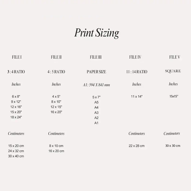 May include: A cream-colored graphic with the text "Print Sizing" at the top. The image displays various print sizes in inches and centimeters, including 6x8", 9x12", 12x16", 15x20", and 18x24". It also shows paper sizes like A1: 594 x 841 mm.