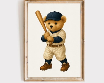 Retro honkbal teddybeer sport muur kunst, babyshower cadeau jongen, aquarel illustraties, sport kinderkamer thema decor voor kinderkamer prints