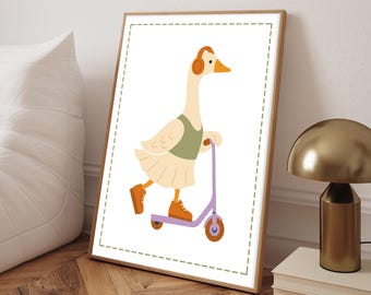 Lámina de patinete de ganso juguetón: Arte de pared moderno para habitación infantil (descarga digital)