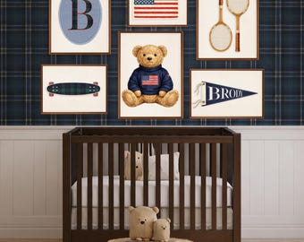 Ralph Teddy Bear Wall Art, Preppy Bear Nursery Print, Vintage Boys Room Decor, Classic Sports Kids Room (Digital Download)