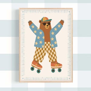 May include: A framed illustration of a brown bear wearing sunglasses, a baseball cap, and a blue jacket with yellow stars. The bear is also wearing checkered pants and roller skates. The artwork is set against a cream-colored background with a decorative border.