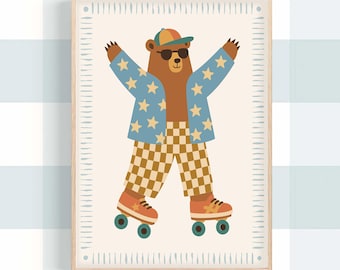 Cute Roller Skating Bear Nursery Print: Playful Kids Room Wall Art (Digital Download)