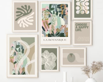 Saliegroene botanische printset: Boho Matisse Gallery Wall (digitale download)