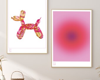 Aesthetic Aura and Balloon Dog Poster, Aura Print, Pink Wall Art, Angel Number Poster, Aura Wall Art, 2 Piece Wall Art Dopamine Decor,
