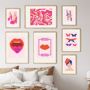 Gallery Wall Set Colorful Trendy Retro Wall Art Set of 7 | Aesthetic Room Decor Pink Print Trendy Wall Art Funny Art Minimalist Digital Art