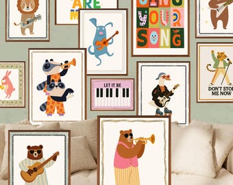 Boho Musical Animal Posters Set of 16 Retro Folk Nursery Wall Art Kids Room Decor Playroom Print Whimsical Music Band Montessori Style