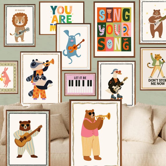 Boho Musical Animal Posters Set of 16 Retro Folk Nursery Wall Art Kids Room Decor Playroom Print Whimsical Music Band Montessori Style