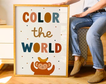 Whimsical Animal Nursery Print: Color the World Affirmation (Digital Download)