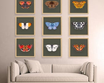 Vintage Butterfly Print Set: Dark Green Cottagecore Wall Art (Digital Download)