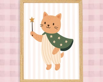 Magician Cat Nursery Print: Whimsical Boho Kids Room Decor (Digital Download)