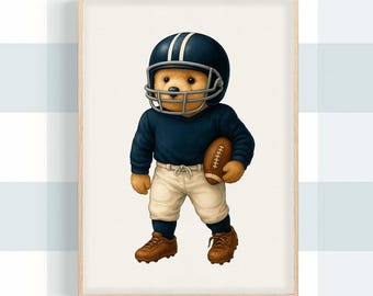 Vintage Football Teddy Bear Sports Wall Art, Baby Boy Nursery Print, Sports Theme Watercolor Decor, Baby Shower Gift