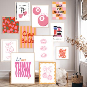 Set van 13 roze muurkunstprints, Lucky Me-poster, digitale muurkunst, girly slaapzaaldecor, afdrukbare muurkunst, esthetiek universiteitsappartement