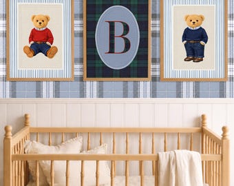 Preppy Nursery Wall Art Set, Preppy Teddy Bear, Heritage Nursery, Vintage American Classic Prints, Custom Monogram (Digital Download)