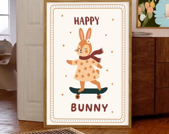 Impression de chambre de bébé lapin patineur : décoration bohème fantaisiste pour chambre de bébé (téléchargement numérique)