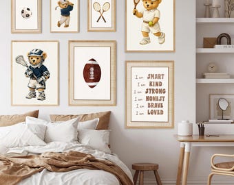 Sports Bears Prints Set of 26 | Vintage Style Illustrations | Baseball, Football, Golf, Hockey, Basketball, Soccer | Boys Room Nursery Art
