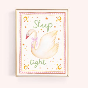 Sleep Tight Cute Swan Watercolor Nursery Wall Art Swan Poster Pink Nursery Decor Animal Printable Pink Coquette Room Decor Digital Print