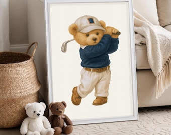 Baby Boy Nursery Golf Teddy Bear Print, Retro Golf Teddy Bear Sports Wall Art, Sports Theme Watercolor Decor, Baby Shower Gift