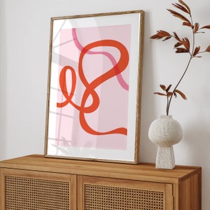 Abstract Orange Ribbon No2 on Pink Background Funky Art Poster| Wall Art | Preppy Wall Art Dorm Decor Aesthetic Dopamine Wall Decor