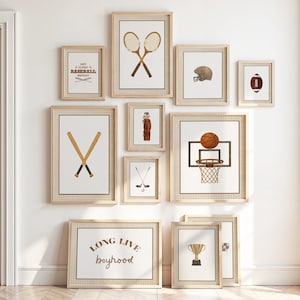 Sports Prints Set of 18 | Vintage Style Illustrations | Baseball, Football, Golf, Hockey, Basketball, Soccer | Boys Room Nursery Art