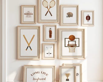 Sports Prints Set of 18 | Vintage Style Illustrations | Baseball, Football, Golf, Hockey, Basketball, Soccer | Boys Room Nursery Art