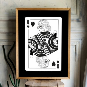 Queen Of Hearts Spielkarte Funky Wall Art | Schwarz und weiß adrette Wand Kunst Wohnheim Dekor | Ästhetische Teenager-Mädchen-Raum-Dekor | Wohnheim Zimmer Art