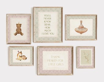 Vintage Nursery Wall Art Set: Soft Pink, Sage Green Floral Prints (Digital Download)