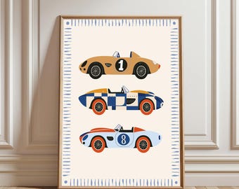 Lámina con 3 coches de carreras clásicos / Póster retro de Le Mans Motorsport / Arte de pared para habitación infantil de mediados de siglo / Decoración de habitación infantil con coches clásicos / Digital