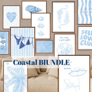 Blue Coastal Wall Art Set, Beachy Aesthetic Digital Prints, Beach Preppy Girls Dorm Room, Trendy Poster, Printable Gallery Wall Set of 11