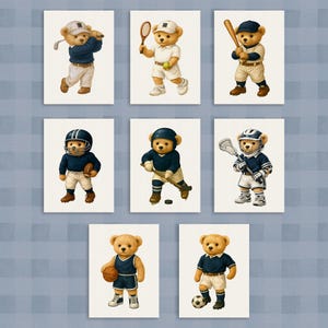 May include: A collection of seven illustrations featuring teddy bears dressed in various sports uniforms. The bears are depicted playing golf, tennis, baseball, football, hockey, lacrosse, basketball, and soccer. Each bear is wearing appropriate attire and holding sports equipment.