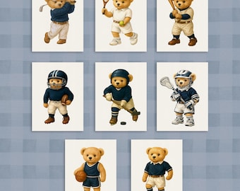 Set med 8 väggkonst med vintage nallebjörn och sportmotiv, babyshowerpresent till pojke, akvarell illustrationer, barnrumstema med sportmotiv för barnrum