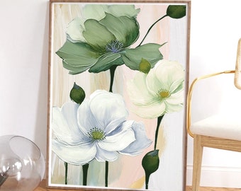 Print saliegroene klaprozen: botanische bloemen muurkunst (digitale download)