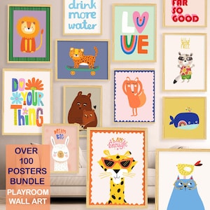Arte murale per la sala giochi 100 poster eclettici per la stanza dei bambini, arte murale per la galleria della cameretta dei bambini, decorazioni con animali, decorazioni per la sala giochi di genere neutro Affermazione