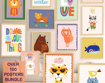 May include: A collection of 100 colorful posters featuring animals, inspirational quotes, and playful designs. The posters are framed in wood and have a variety of themes, including "Drink More Water", "Love", "Far So Good", "Do Your Thing", "Dream Big", "I Am Enough", and "Wild and Free".