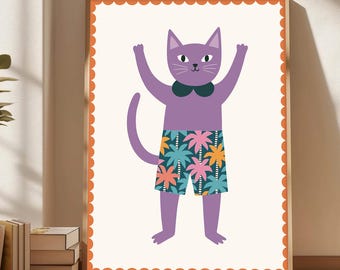 Purple Cat Nursery Print: Whimsical Kids Room Decor (Digital Download)
